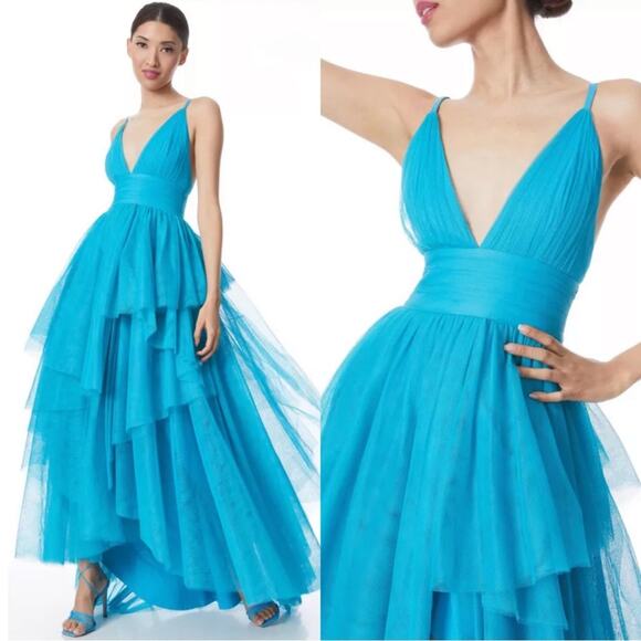 Alice + Olivia Doja V Neck Tulle High Low Tiered Blue Maxi Gown Size 8 - Picture 3 of 16